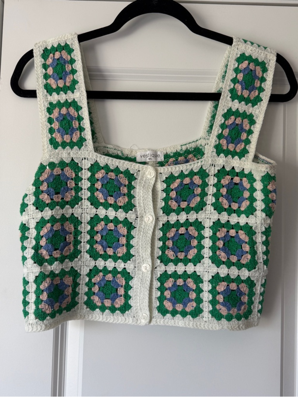 vestique Green, White & Blue Crochet Crop Top